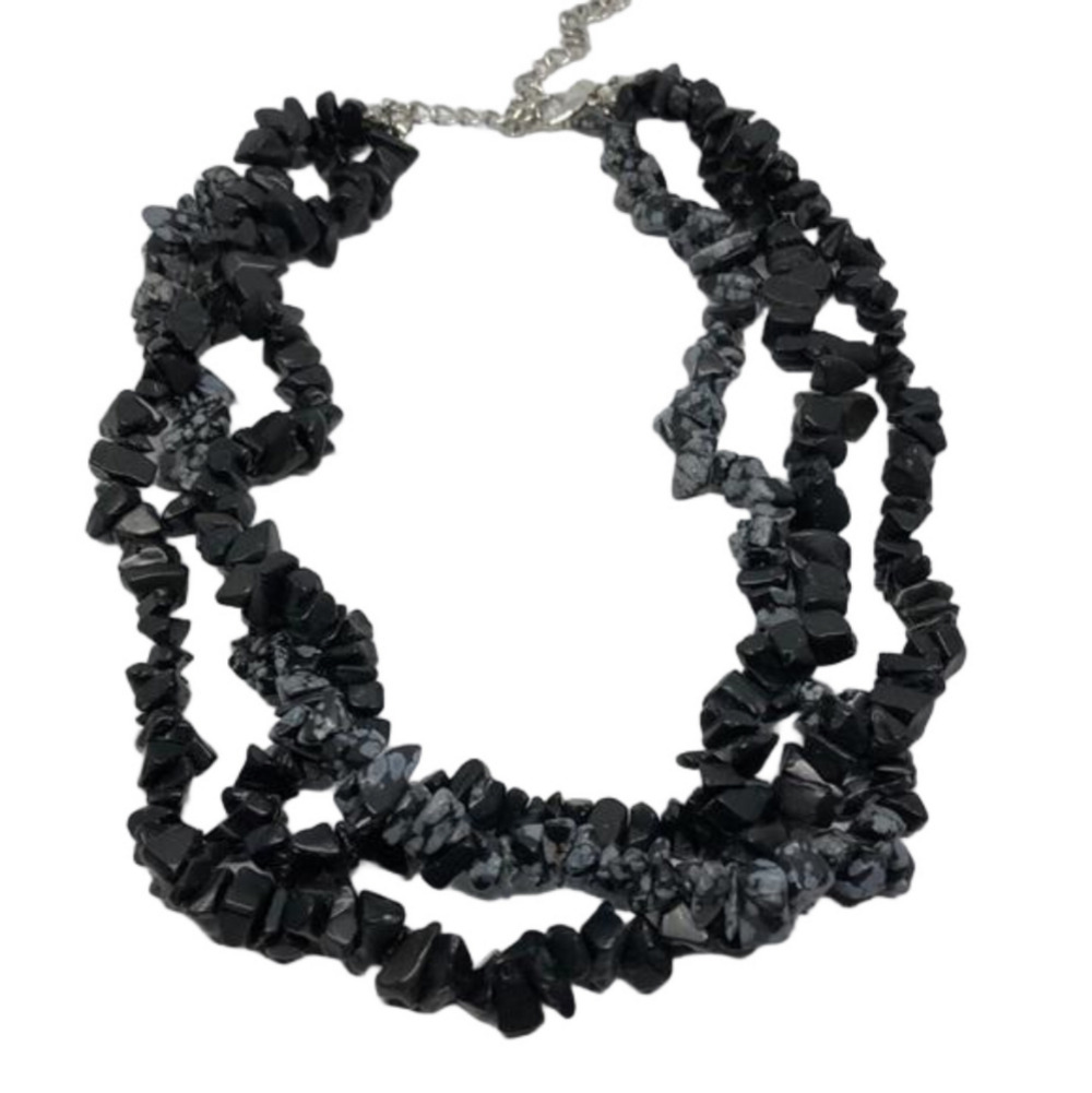 Milti layer black obsidian and snowflake obsidian statement necklace
